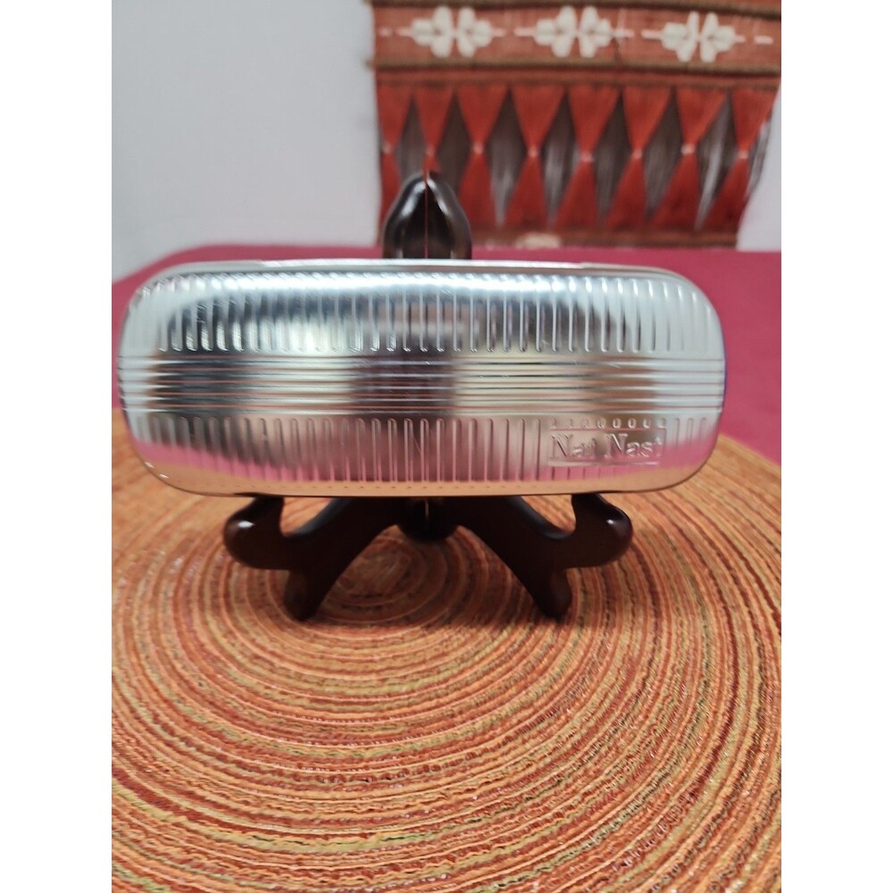 Vintage Inspired Nat Nast Aluminum Hinged Eyeglass Case Blue Lined Retro